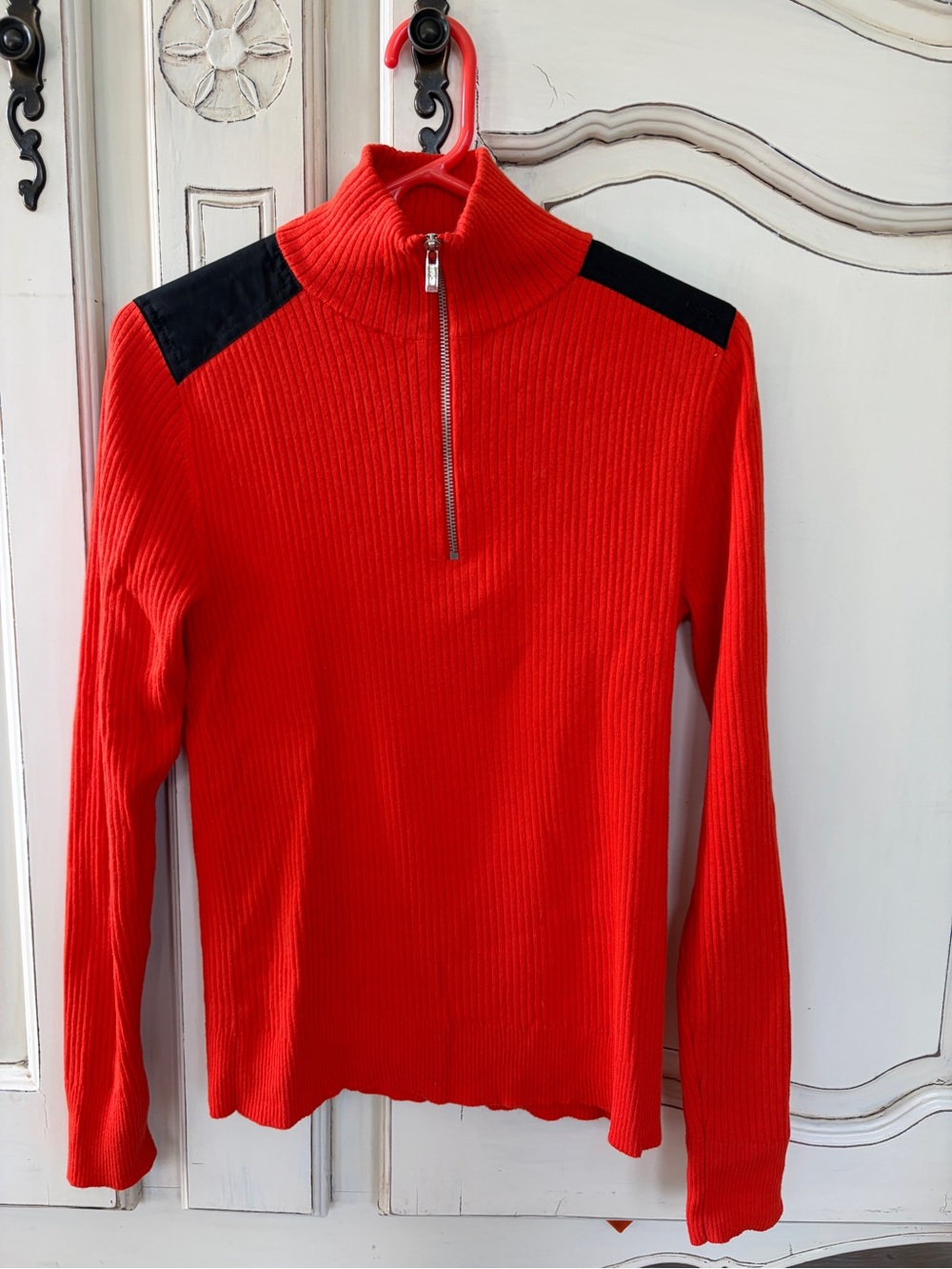 Ralph Lauren orange Ribbed Half-Zip Sweater with Black Shoulder Panels